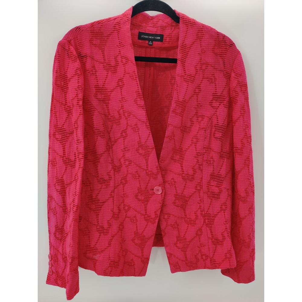 Jones New York Pink Burnout Floral Single Button Blazer Jacket Womens Size 16